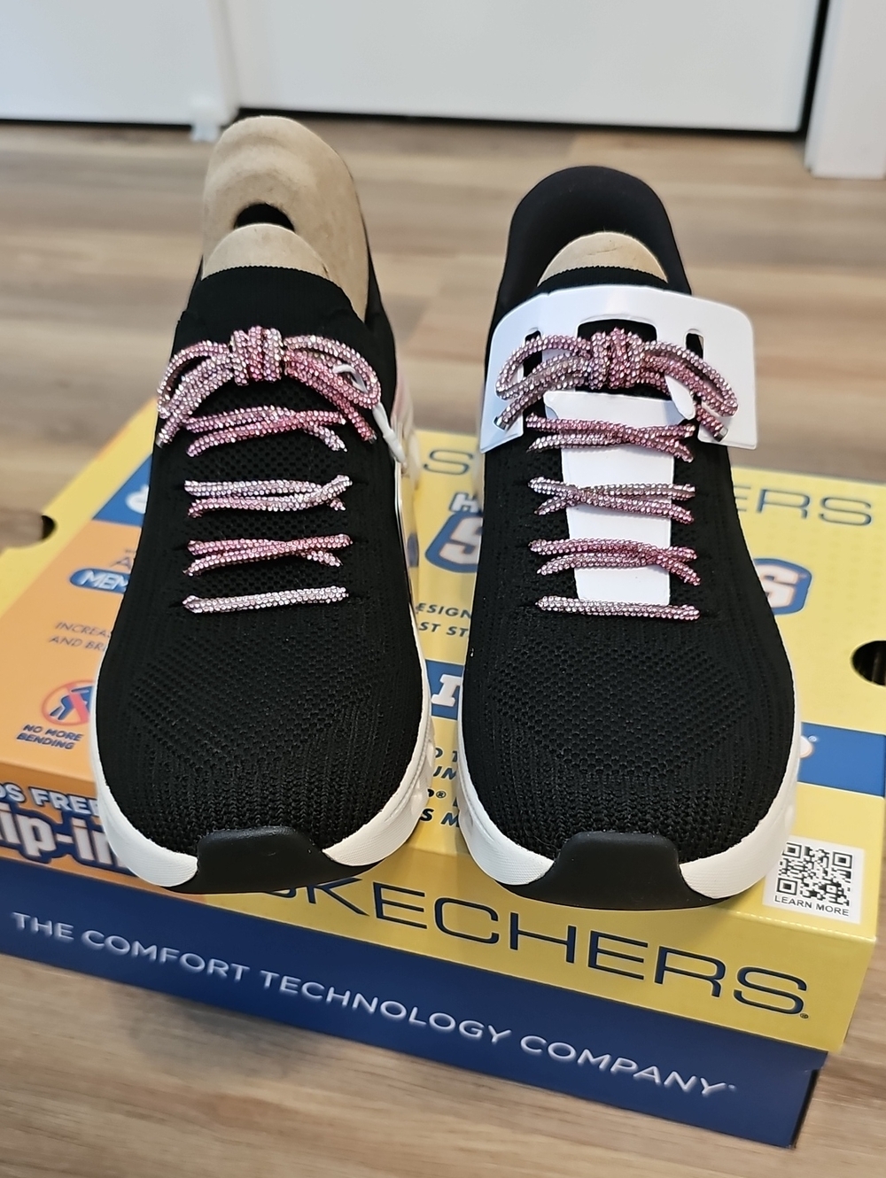 Skechers Black Knit Slip-Ons with Pink Beaded Laces